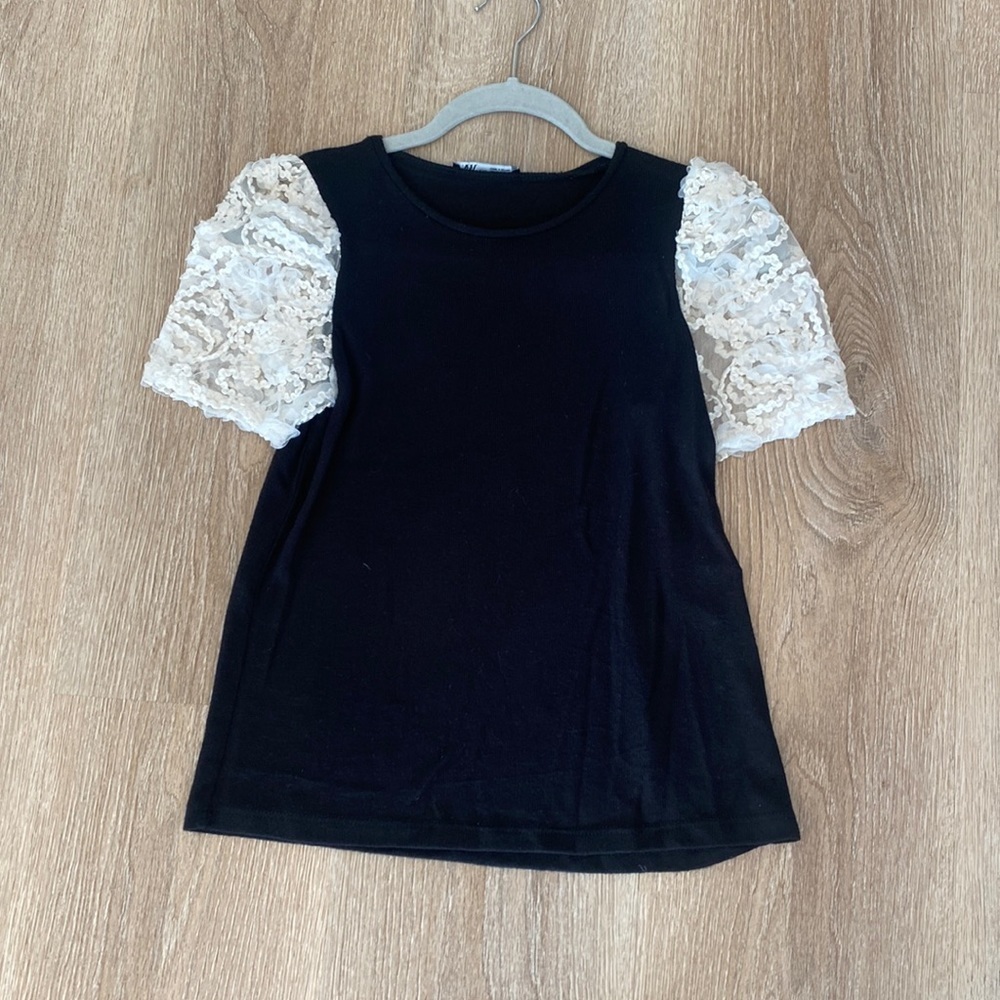 Zara Women’s Black Shirt With White Lace Sleeves Size S
